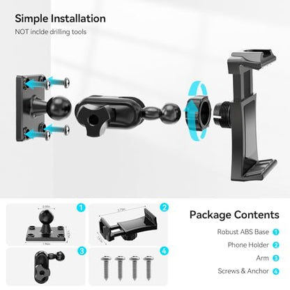 MAGJIEYX Car Phone Holder for Truck/Wall/Boat, Drill-Base Mount for Van/Dashboard Durable 360°Adjustable & Firm Grip Clamp Stand Compatible with 4.7"-6.9" iPhone/HTC/LG/Nexus/Samsung/Huawei