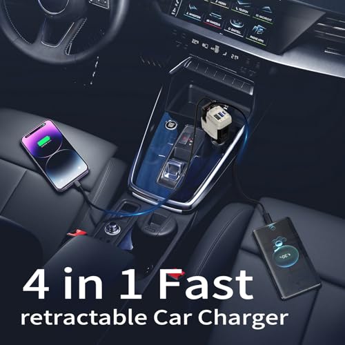 4 in 1 Retractable Car Charger with 4 Shock Absorbers,Cigarette Lighter Adapter with Retractable Cables (31.5 in),Road Trip Essentials for Iphone12/13/14/15/16/17(White)