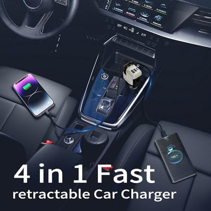 4 in 1 Retractable Car Charger with 4 Shock Absorbers,Cigarette Lighter Adapter with Retractable Cables (31.5 in),Road Trip Essentials for Iphone12/13/14/15/16/17(White)