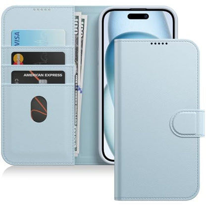 JETech Wallet Case for iPhone 15, Blue | Shockproof PU Leather, Card Holder, Magnetic Flip Cover, Stand Feature, Full Camera Protection - color: Blue