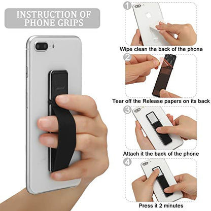 4 Pieces Phone Grip Strap Telescopic Phone Kickstand Elastic Finger Holer Hand Strap Adhesive Loop for Phone Grip with Stand Compatible with Most Smartphones (Black, Silver, Green) - color: Black, Silver, Green