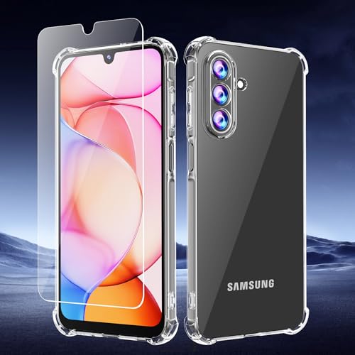 Phone Case for Samsung Galaxy A17 5G Case, Samsung A17 5G Case with Tempered Glass Screen Protector, Soft Flexible TPU Slim Fit Shockproof Phone Cover for Women Men Girls Boys (Clear) - color: Clear