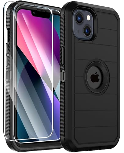 for iPhone 14 Case & iPhone 13 Case, Military-Grade Drop Protection 3-Layer Rugged Shell with Screen Protector, Full-Body Non-Slip Shockproof Heavy Duty Protective Bumper Phone Cover (Black) - color: Black