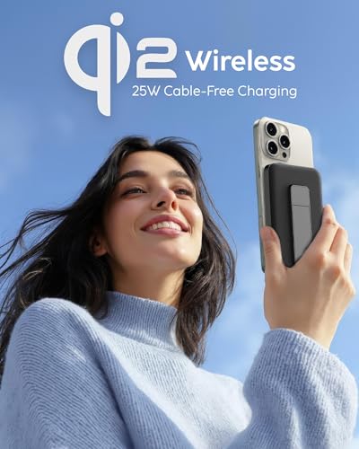 myCharge CliqLuxe Magnetic Wireless Power Bank 10,000mAh | iPhone & MagSafe Compatible | Qi2.2 25W Mag Safe Portable Charger | Built-in Stand | 20W PD USB-C Port | Premium Black Fabric - size: 10K, style: Without Wall Plug (Black)