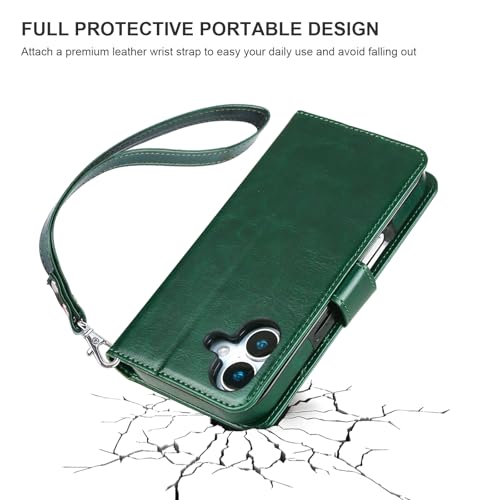 Bocasal Detachable Wallet Case Card Holder for iPhone 17, Green | RFID Blocking Kickstand Card Slots Holder PU Leather Magnetic Shockproof Wrist Strap Removable Flip Protective Cover 6.3 inch - color: Green