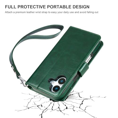 Bocasal Detachable Wallet Case Card Holder for iPhone 17, Green | RFID Blocking Kickstand Card Slots Holder PU Leather Magnetic Shockproof Wrist Strap Removable Flip Protective Cover 6.3 inch - color: Green