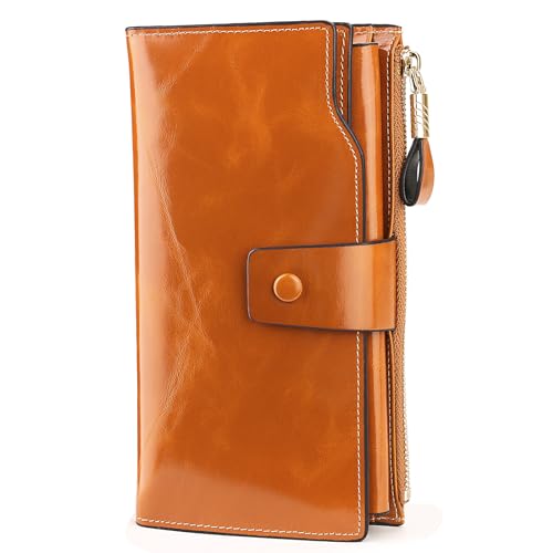 YALUXE Women's Real Leather Wallet RFID Protect 21 Card Slots Phone Pocket - color: 1- Waxed Brown, size: Genuine Leather