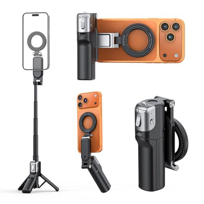 AMAZEAR Phone Camera Grip with Selfie Stick Tripod, Cellphone Accessories for iPhone 16 17 18 Pro Max with Multi-Functional Bluetooth Controller, Comfort Ergonomic Handle Holder, Black - color: Black