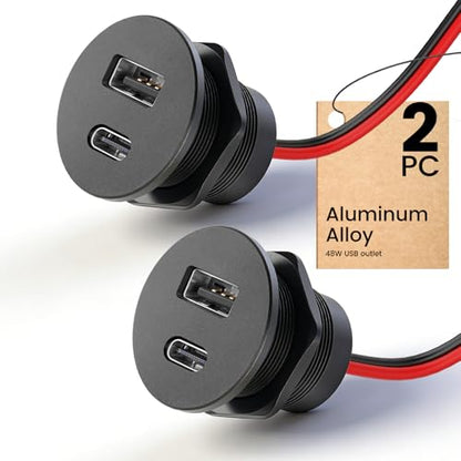 2Pcs RV 12V USB Outlet Alumium Charger, 48W PD and QC Cigarette Lighter Replacement, 12 Volt Socket No Light, Flush Mount USB Port for for Trailer Camper Van Car Boat 24V - color: 2Pcs