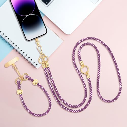 Crystal Phone Strap Crossbody and Wrist Lanyard, Anti Theft Layered & Wrist Strap Cell Phone Neck for Women - color: Dark Purple