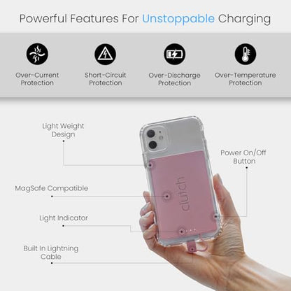 Clutch Pro – World's Thinnest iPhone Charger – Portable Power Bank 5000mAh – Magnetic Built-in Lightning Cable – TSA Approved Travel Charger – iPhone 14 & Earlier – Pink - color: Pink