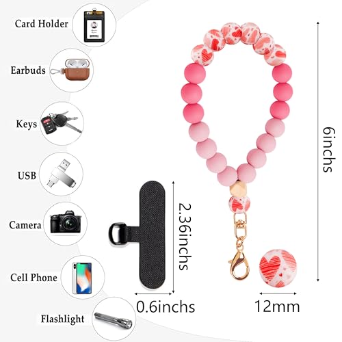 Silicone Beaded Phone Wrist Strap for Women, Elastic Wristlet - color: Pink Heart
