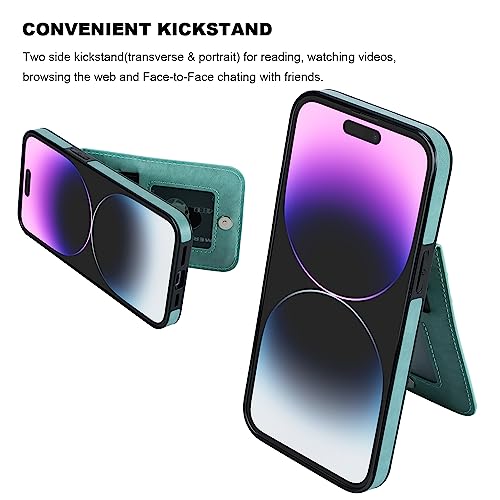 KIHUWEY for iPhone 14 Pro Max Wallet Case Card Holder Kickstand, Mint Green | Credit Card Slots, PU Leather, Magnetic Clasp, Flip Heavy Duty Protection Cover for Men and Women - color: Mint Green