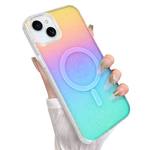 Cute Glitter Case for iPhone 15 Plus & 14 Plus, Iridescent Colors | Compatible with Magsafe, Clear Girly Aesthetic Gradient Rainbow Sparkly Bling Magnetic Phone Cover for Women Girls - color: 09 Iridescent Glitter, size: iPhone 14 Plus / 15 Plus (6.7 inch
