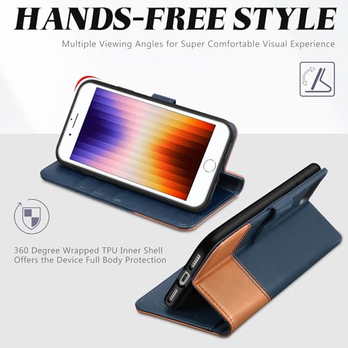 TUCCH Wallet Case for iPhone SE 2022/SE 2020/iPhone 8/7, Blue & Brown | 3 Card Holders, Kickstand, PU Leather, Shockproof TPU Shell, Magnetic Closure, Protective Folio Cover - color: Dark Blue & Brown