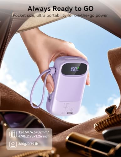 RETMSR Portable Charger 20000mAh 45W USB C Fast Charging, Built-in Cable - color: Taro Purple
