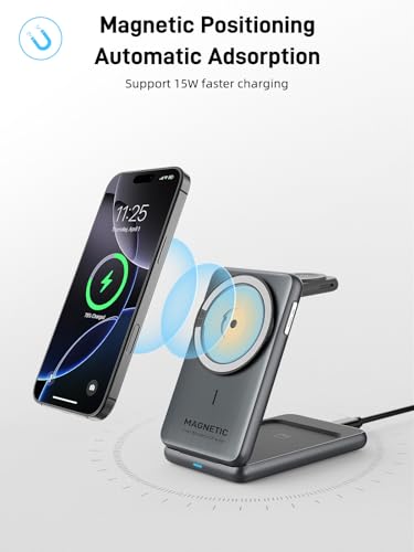 Wireless Charger for Apple, 3 in 1 MagSafe Charger Foldable Magnetic Charger for iPhone 17/16/15/14 Series, Airpods Pro 2, iWatch Series 10/9/8/7, Travel Charging Station for Apple Multiple Devices