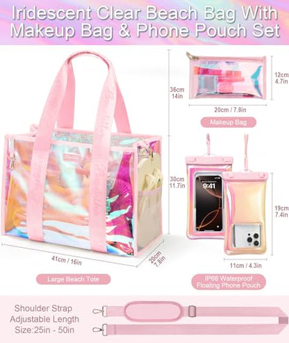 Bagstellar Iridescent Beach Bag, Jelly Tote Bag with Phone Pouch Makeup Bag | Large Beach Bags Waterproof Sandproof, Zipper Beach Tote Clear Pool Swim Boat Bag for Women Summer Travel Cruise Essentials - color: Pink Sunset