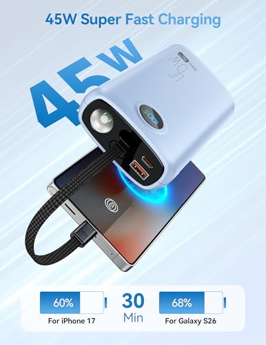 DIAMUAR Portable Charger 20000mAh 45W, Built in USB C Cable, 3W Flashlight - color: Blue