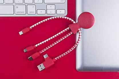 Xoopar Multi USB Cable 4 in 1 - Universal Charger Made from Recycled Plastic - USB, USB-C, Lighting, Micro USB Ports - Compatible with All Smartphones Mr Bio RED Octopus - color: Red