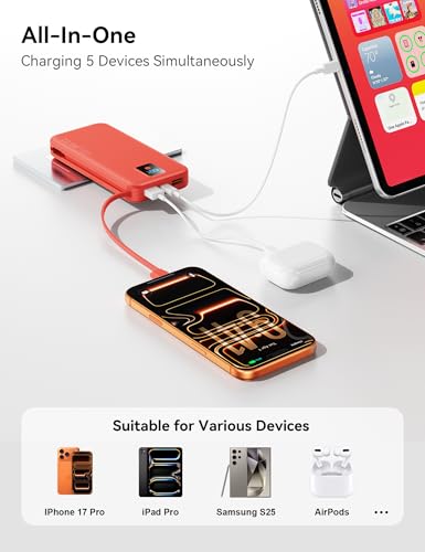 Portable Charger 12000mAh 22.5W w/Built-in Cable & Wall Plug Red - color: Red