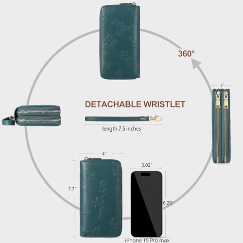 yiijay Womens Wallet RFID Blocking Large Capacity Vegan Leather Double Zip Wristlet Wallet Card Holder Travel Ladies Clutch - color: Dark Green