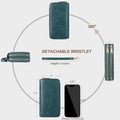 yiijay Womens Wallet RFID Blocking Large Capacity Vegan Leather Double Zip Wristlet Wallet Card Holder Travel Ladies Clutch - color: Dark Green