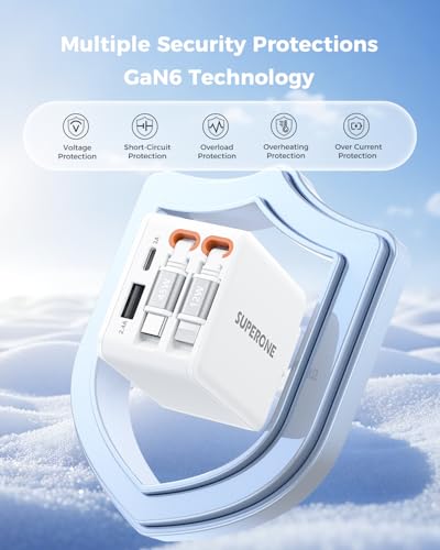 SUPERONE 84W Retractable Charger, 4-in-1 Wall Charger with Dual Cables - color: White