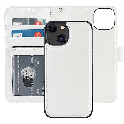 Bocasal Detachable Wallet Case Card Holder for iPhone 13, White | RFID Blocking Kickstand Card Slots Holder PU Leather Magnetic Shockproof Wrist Strap Removable Flip Protective Cover 6.1 inch - color: White
