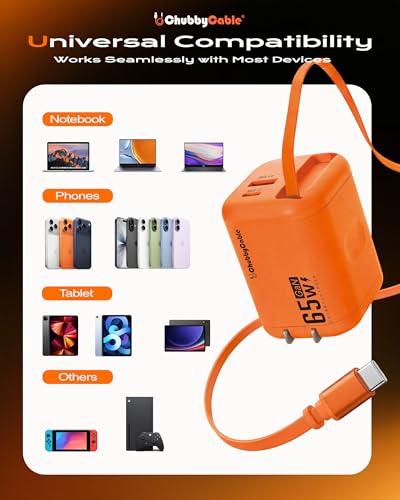 ChubbyCable 65W GaN Wall Charger with Retractable USB C Cable, Orange