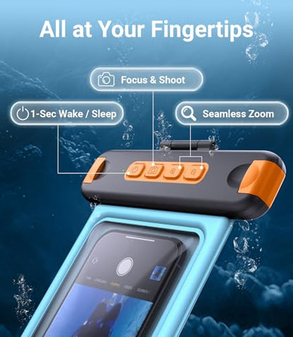IP68 Bluetooth Shutter Waterproof Phone Pouch Case,Floating,Blue | Hands-Free Photo & Video Underwater Control.Large Waterproof Phone Case Universal Fit for 8.5" Phone(iPhone Samsung Google)