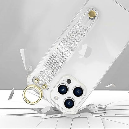Omio Compatible with iPhone 16 Pro Case Clear Luxury Glitter Sparkle Rhinestone Diamond Stand Holder Case Soft TPU Silicone Slim Cover with Wrist Strap Grip Holder Kickstand for Women Girls Clear - size: iPhone 16 Pro