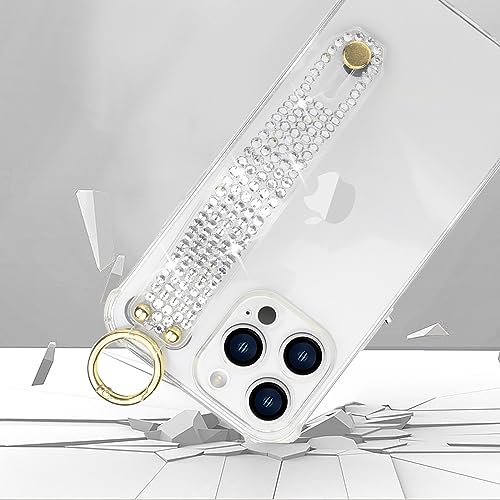 Omio Compatible with iPhone 16 Pro Max Case Clear Luxury Glitter Sparkle Rhinestone Diamond Stand Holder Case Soft TPU Silicone Slim Cover with Wrist Strap Grip Holder Kickstand for Women Girls Clear - size: iPhone 16 Pro Max