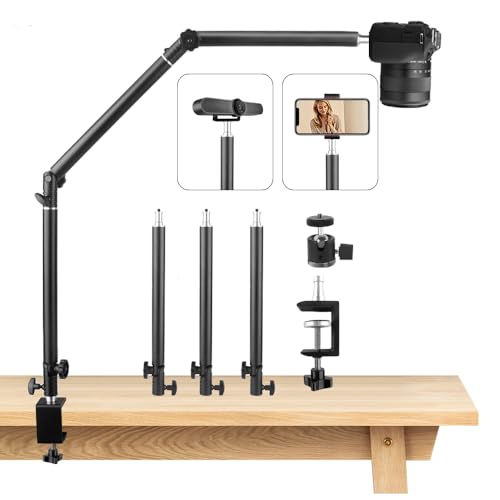 Heavy Duty Overhead Camera Desk Mount Stand 14.5"-41" with 1/4" Screw, 3-Section 360°Rotatable Detachable Articulating Boom Arm with Enlarged Handle C Clamp, Tabletop Light Stand for Streaming Vlog - color: MS05