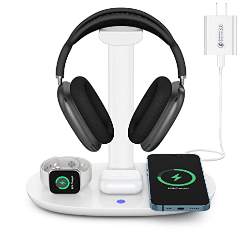 Headphone Stand with 15w Wireless Charger, Suguder 4 in 1 Charging Station Headset Holder for AirPods Max/Pro/4/3/2 iWatch 10/9/8/7/6/5/4/3/2/1/SE iPhone 17/16/15/14/13/12/11/X for Desktop Table Game - color: White