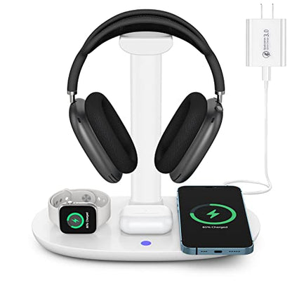 Headphone Stand with 15w Wireless Charger, Suguder 4 in 1 Charging Station Headset Holder for AirPods Max/Pro/4/3/2 iWatch 10/9/8/7/6/5/4/3/2/1/SE iPhone 17/16/15/14/13/12/11/X for Desktop Table Game - color: White
