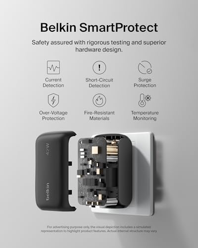 Belkin 42W Dual Port USB C and USB A Charger Block, Fast Charging - color: Black