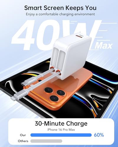 4-in-1 Retractable USB C Wall Charger, Fast Charging USB C &Lightning Cable - color: B-White