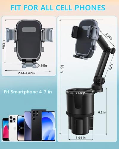 2-in-1 Cup Phone Holder for Car, 360° Adjustable Car Phone Mount - color: black