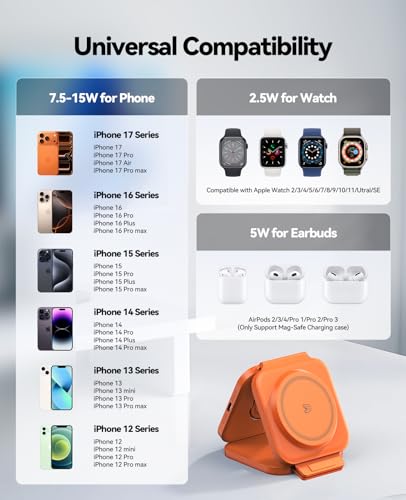 3 in 1 Charging Station for Apple, Foldable Magnetic Wireless Charger Dock - size: 15W Orange 1Pack