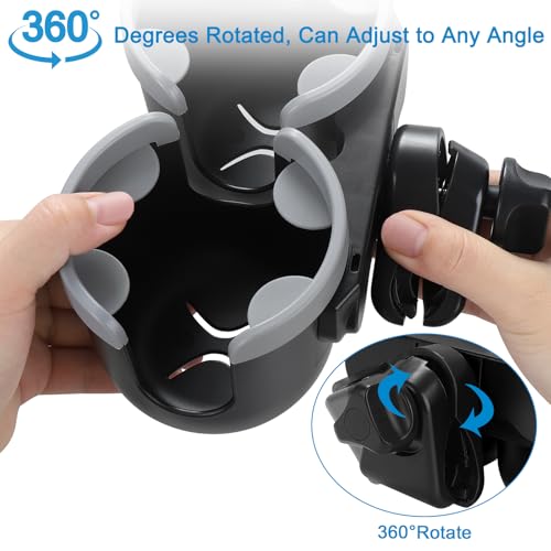 Accmor Stroller Cup Holder with Phone Holder, Bike Cup Holder, Universal Cup Holder for Uppababy Nuna Strollers, 2-in-1 Drinks Holder for Walker, Wheelchair, Scooter - color: Double Holder-Grey