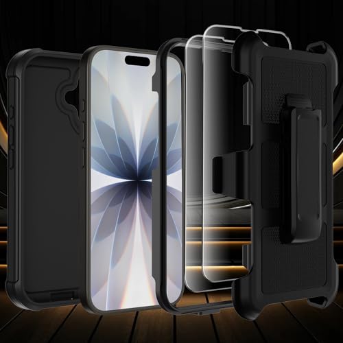 for iPhone 17 Case with Belt Clip Holster & Kickstand,Military Grade Anti-Drop Shockproof Heavy Duty Rugged Cover,w/2X Screen Protectors Tri-layer Defender Bumper Protective Cases for Apple 17 (Black) - color: Black