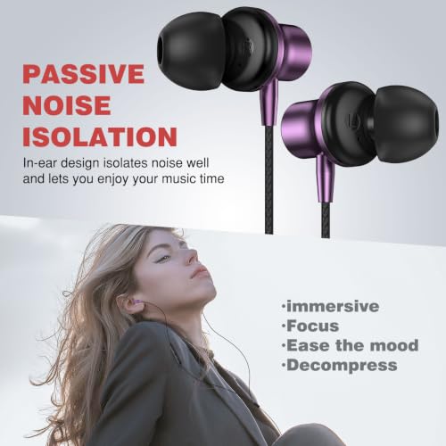 ASKUBSKU 3.5mm Headphones 5.9 ft Long Cord Wired Earbuds with Mic, Purple - color: Purple