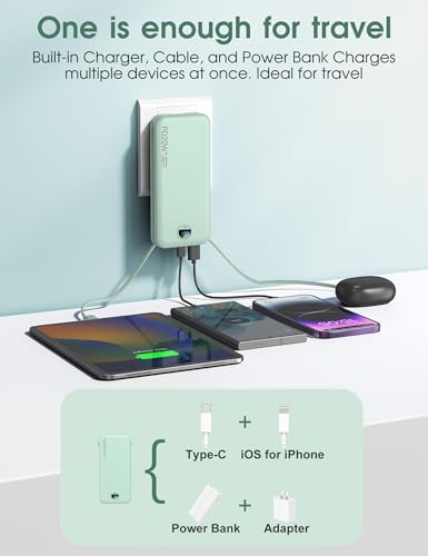 citicr Portable Charger 10000mAh PD20W w/Built-in Cables & Wall Plug Green - color: Green