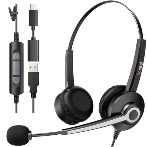 Wantek USB-A/USB-C Wired Stereo Headset – Lightweight, Noise-Cancelling - color: Ultra Black