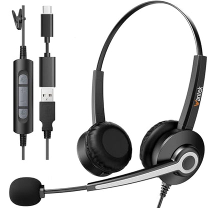 Wantek USB-A/USB-C Wired Stereo Headset – Lightweight, Noise-Cancelling - color: Ultra Black