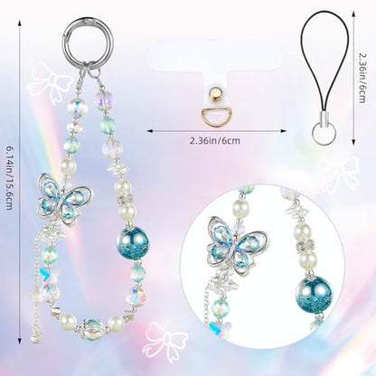 BEEFLYING Beaded Phone Charm Wrist Strap for Case - color: Blue Butterfly