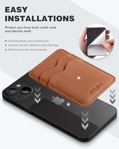 VULKIT Stick on Card Holder Compatible for iphone Leather Cell Phone Wallet Credit Card Case Strong Sticker for Women - color: Genuine Brown
