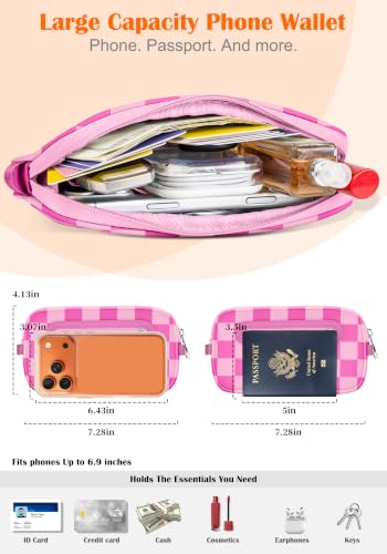 takyu Phone Strap Crossbody with Detachable RFID Wallet - color: Magenta Light Pink Checkered
