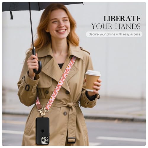 TiMOVO Phone Lanyard Crossbody Wrist Strap, Adjustable Anti-Theft Strap for Smartphone Case - color: Orange +Pink Flowers